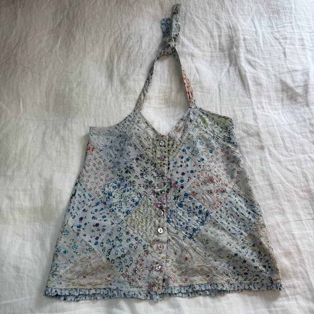 Vintage Y2K Blue Sky Embroidered Quilted Patchwork Floral Halter Top Tank Top